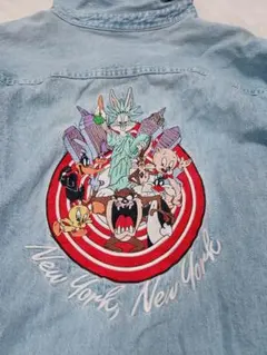 90s ルーニーチューンズ ワーナーブラザーズ バック刺繍 デニムシャツY2K
