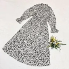 GU【ジーユー】 花柄ロングワンピース 袖フリル 長袖 ベージュ S