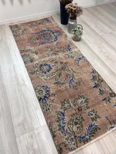 97×206 テラコッタ×ブルー 擦れボタニカル トルコヴィンテージラグ