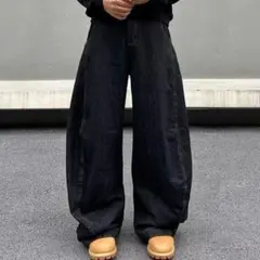 M ワイドパンツ バギー デニム 黒 Y2K 韓国 ストリート バレルレッグ