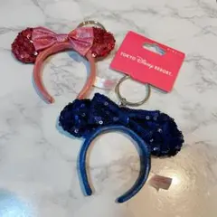 ディズニー カチューシャキーホルダー スパンコール ミニー ピンク ブルー