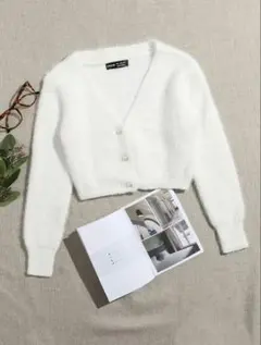 SHEIN シャギーニット カーディガン ホワイト トップスのサムネイル
