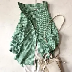 極美品 23区 カンクリーニ 大きいサイズ44 グリーンギンガムチェックシャツ