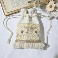 大人可愛い♡　ミニ巾着　花柄　インド刺繍リボン　巾着袋　巾着ポーチ　レース