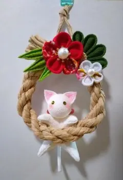 しめ縄風お正月飾り(白猫ver.)