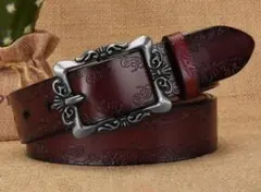 ブラウン　本革ベルト　レザー スクエアバックル　ヴィンテージ調 ベルト