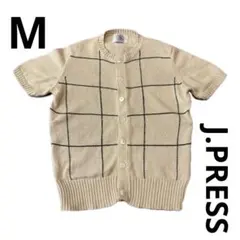 J.PRESS 綿100% 半袖ニットカーディガン　チェック　ベージュ　Mのサムネイル