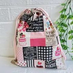【36×29.5】巾着袋（いちごスイーツパッチワーク）