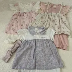 ミリミリ　フラワープリントロンパース　3枚セット　ヘアバンド付き　60-70