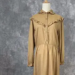 ミニドット模様レトロワンピース 丸襟 ベージュ系 ロング丈 レトロワンピース