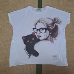 レディース Tシャツ TYPE S14 女性と黒猫のイラスト