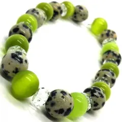 天然石ブレスレット☆ダルメシアンジャスパー　黄緑キャッツアイ　クリスタル