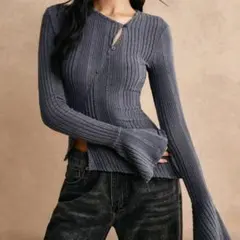 【SHEIN】グレー長袖トップス薄手ニット