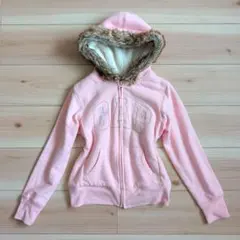 GAP パーカー ジップアップ ファー 裏ボア 裏起毛 ピンク ロゴ Y2K