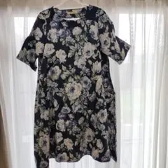 ぷちままんフラワープリント 五分袖リネンワンピース