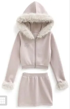 GRL ファー付きパーカー×ミニスカートスウェットセットアップ ピンク