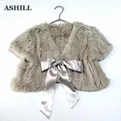 ASHILL ラビットファー ショートボレロ サテンリボン M ベージュ
