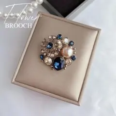 フラワー ブローチ パール ブルー ストーン シャンパンカラー クラシカル