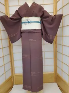 KO-04 友禅小紋 茶系 臈纈染め風 マッチ棒の様な横線 焼け、衿汚れ有ります