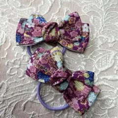 和柄花柄リボンヘアゴム 2個セット