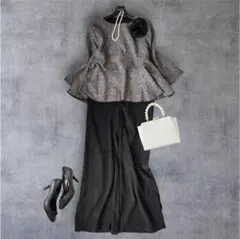 新品有 ツイードペプラム パンツセットアップ M ママスーツ 卒入学