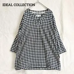 ギンガムチェックブラウス シャツチュニック M 綿100 ゆったり キーネック