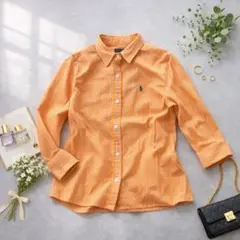 s3339 ラルフローレン 7分袖シャツ ストライプ ワンポイント オレンジ