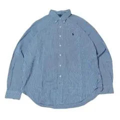 90s Ralph Lauren 青×白ストライプ 長袖シャツ　古着　XL
