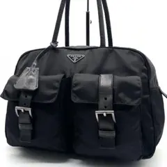 美品✨プラダ ミニボストンバッグ ナイロン レザー 三角ロゴ カデナ ブラック