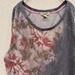 花柄 カットソー クルーネック 長袖 シフォン裾 L ポリエステル 大人女子
