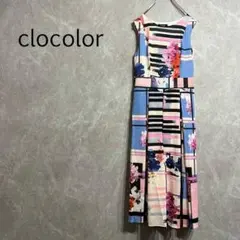 a0107【クロコカラー】ひざ丈ノースリーブワンピース S 花柄 ストライプ