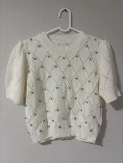 ホワイト ダイヤモンド柄 ニットセーター 半袖