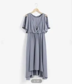 Perle Peche スリーブイレギュラーヘムドレス グレー パーティドレス