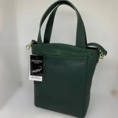 CROCODILE ダークグリーン 本革 トートバッグショルダー紐付き