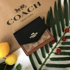 COACH コーチ 三つ折り財布 ベージュ シグネチャー ブラック