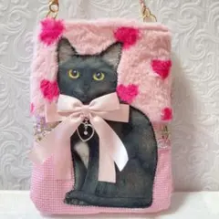 黒猫ちゃん&ジョーズ君サコシュ コヤンイサムチョン ピンクハートボア&ツイル