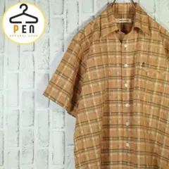 【レトロ古着】古着 総柄シャツ 半袖シャツ 古風 和柄 畳模様 リネン L