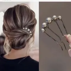 髪飾り　かんざし　黒　パール　ヘア　アクセサリー　シルバー　シンプル 着物　簪