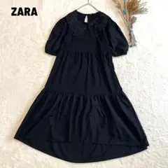 ZARA ティアードワンピース 黒 刺繍襟 チュール パフスリーブ ロング