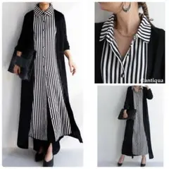 patterntorsoストライプ柄シャツワンピースカーディガンドッキングニット