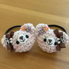あみぐるみヘアゴム♡ベビーピンクくまちゃん（チョコレートリボンとお花）♡