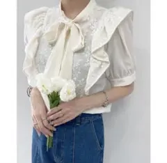 INGNI チュール刺繍切替ボウタイ／ブラウス オフホワイト【廃盤品】