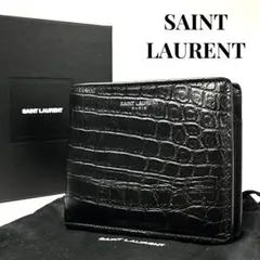 希少✨サンローラン ２つ折り財布 クロコ型押し ロゴ刻印 レザー ブラック