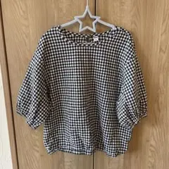 【美品】UNIQLO シアサッカーブラウス/ギンガム/半袖　S【即購入OK】のサムネイル