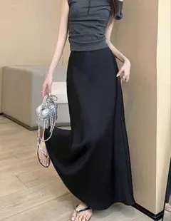 SHEIN ハイウエストサテンロングスカート 黒 XS
