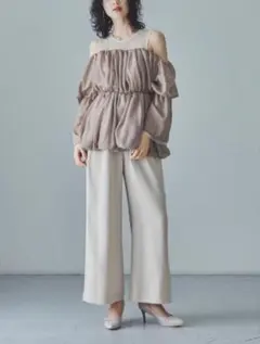 ANDRESD バルーンぺプラム オールインワン パンツドレス ベージュ