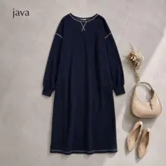 JaVaコラボ後姿が可愛い◎配色ステッチワッフルロングワンピース　ネイビー　XLのサムネイル