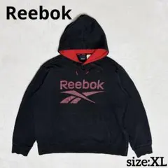 Reebok ブラック ブランドロゴ フード付きパーカー 黒/赤 XL