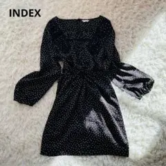 水玉ドット ロングワンピース　ウエストリボン ブラック　長袖　 INDEX