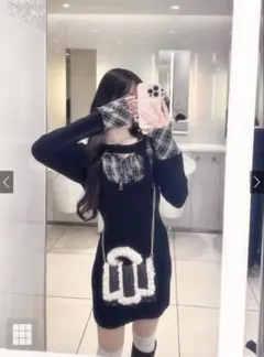 【S】GRL チェック柄フロントオープンリボンミニワンピース pm784